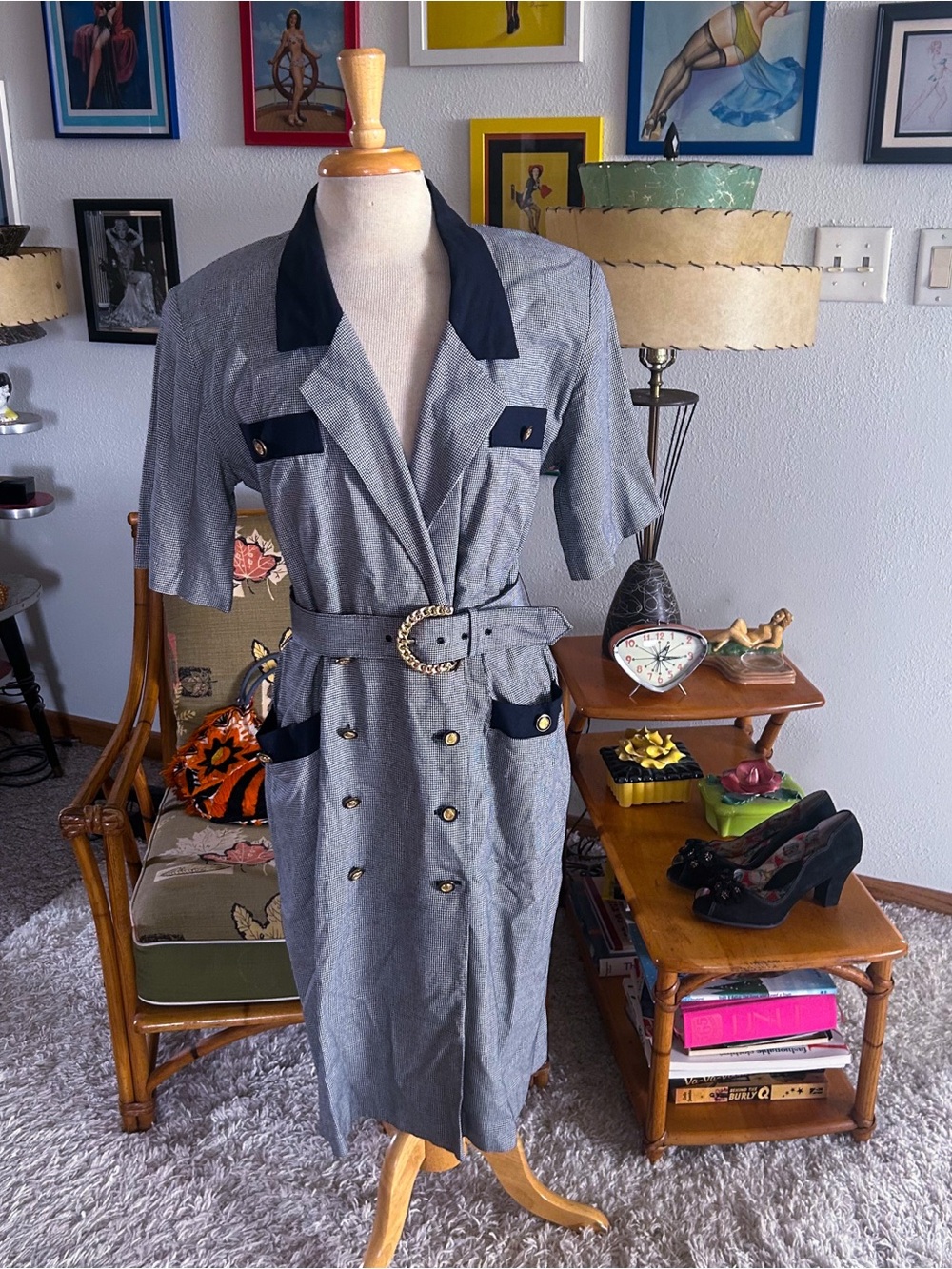 Vintage 1940s Style Dress | Houndstooth | Black | M L | Office | 40s 80s